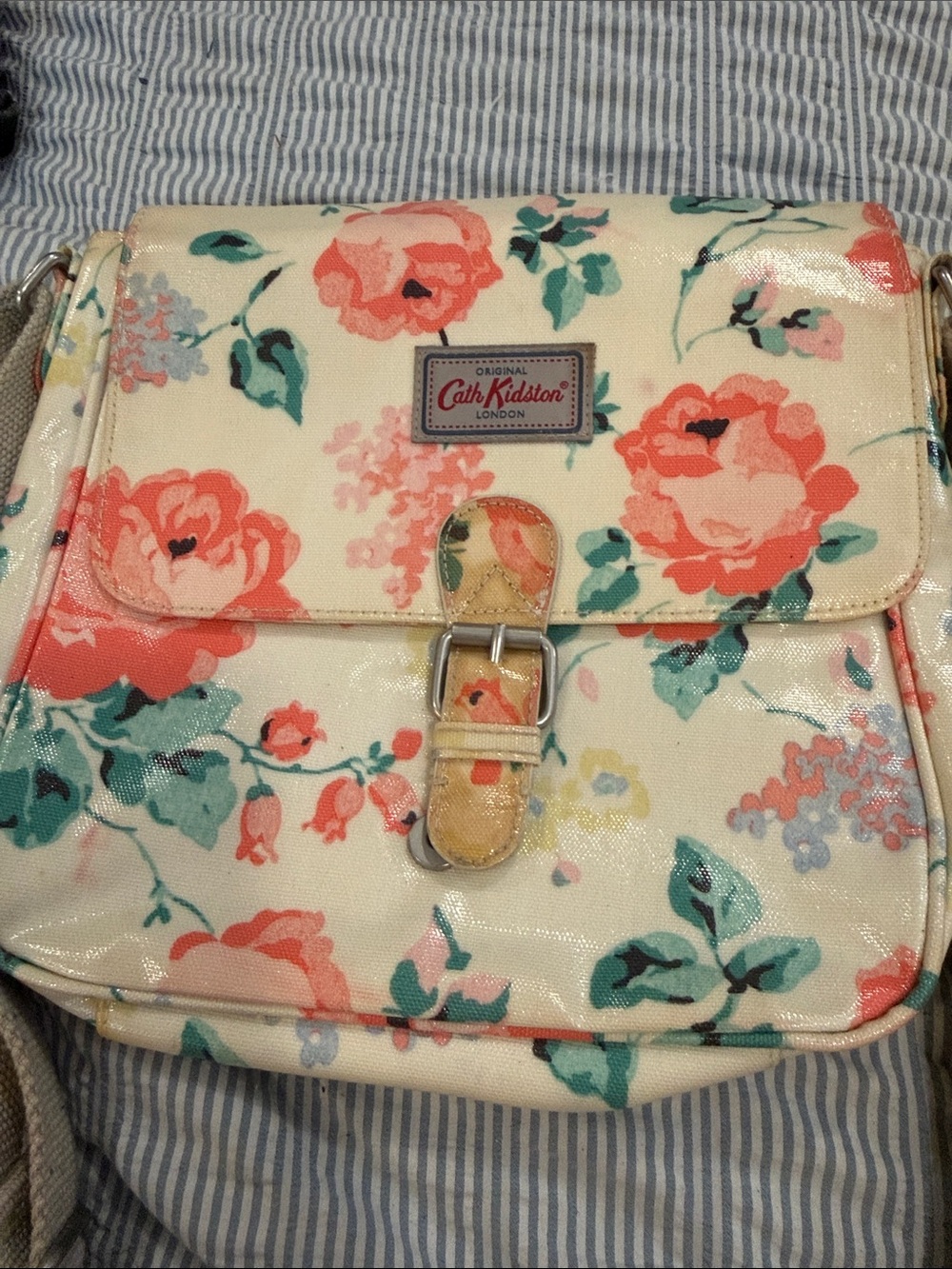 Cath Kidston Cream Floral Crossbody Satchel with Coral and Teal Blooms